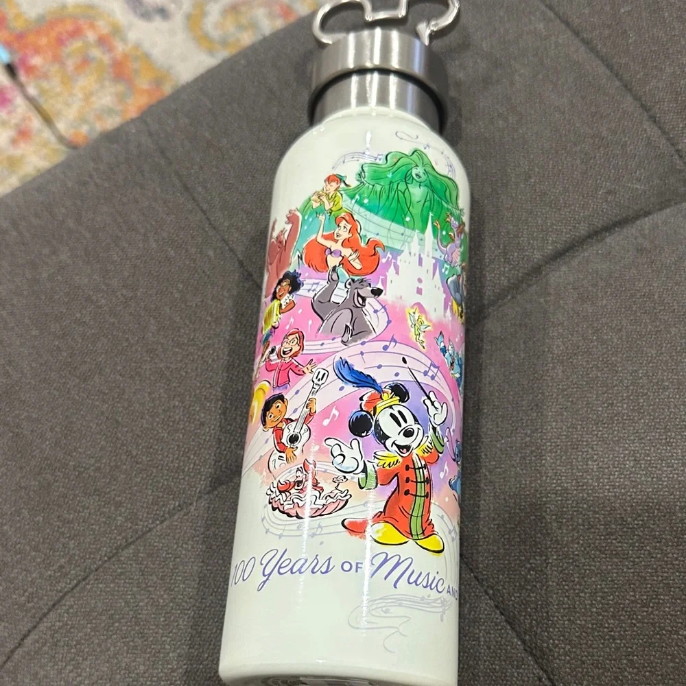 Disney White Water Bottle with Colorful 100 Years of Music Character Art